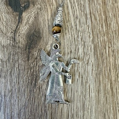 Silver Tone Metal Tigers Eye Nisroch Assyrian God Pendant Nesher the Great Eagle