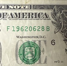 June 28, 1962 (19620628) Birthday Note Fancy Serial Number One Dollar Bill
