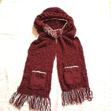 NEW Hand-Knitted Chunky Hooded Scarf Shawl Wrap Pockets & Fringes Burgundy 