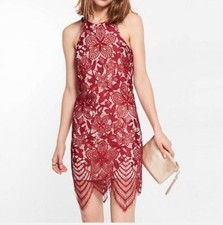 Express Red Mini Floral Lace Halter Dress, Small