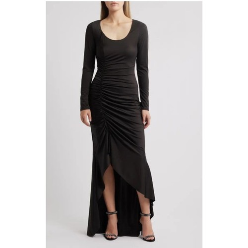 BLACK HALO Atlanta Ruched Ruffle Long Sleeve Maxi Dress Size 4 Formal Black Tie