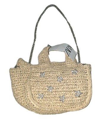 ZARA Raffia Chain Shoulder Strap Bag  Pearl Floral Silk Inner Purse Nwt 
