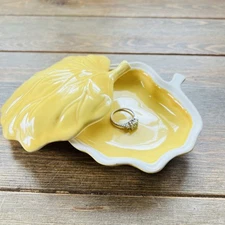 Yellow Leaf Shaped Covered Candy Dish Ring Dish