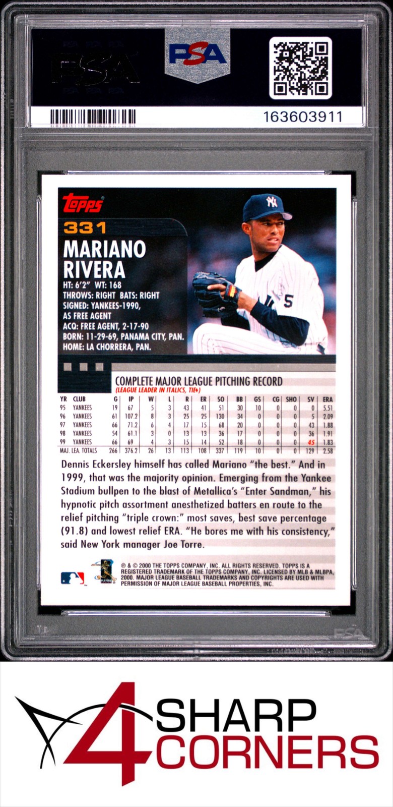 2000 TOPPS #331 MARIANO RIVERA YANKEES HOF PSA 10 view 2
