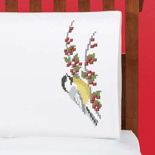 Herrschners  Cheery Chickadee Pillowcase Pair Stamped Cross-Stitch