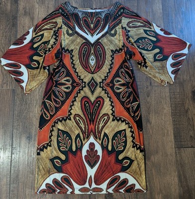 Chicos Boho 60s Retro Style Browns & Orange Mini Dress Flare Slit Sleeves Sz 1 M