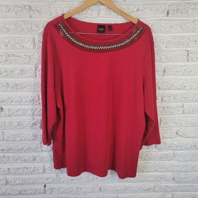 Rafaella Studio Women's 3X Red Beaded Rhinestone Mesh Neck 3/4 Sleeve Top