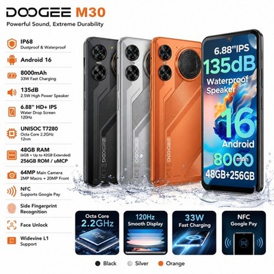 DOOGEE M30 Handy 48GB+256GB IP68 Waterproof Smartphone 8000mAh Android 16 8 Core