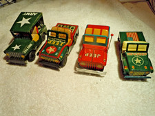 4 VINTAGE 3-4 INCH JAPAN TIN JEEP TOYS,VARIOUS PAINT THEMES, GOOD FRICTON MOTORS