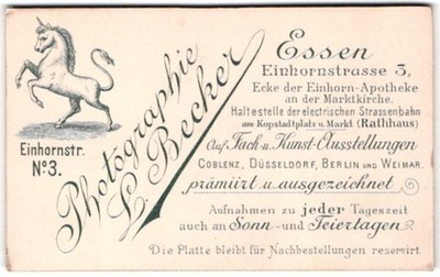 Fotografie L. Becker, Essen, Einhornstrasse 3, aufbäumendes Einhorn nebst Ansch 