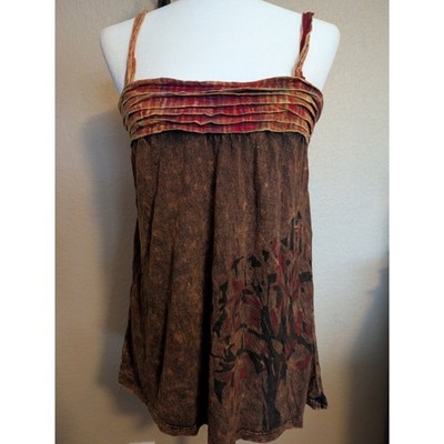 Rising International Boho Acid Wash Tank Top Ruched Neck- Festival Grunge Size M