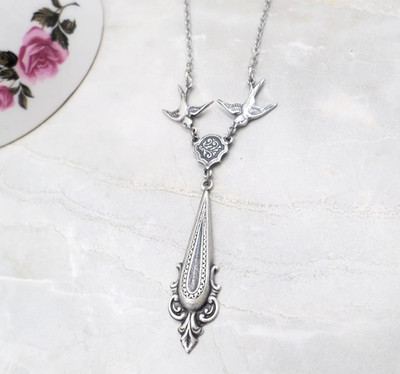 Cottagecore Silver Tone Necklace, Romantic Bird Boho Charm Pendant Jewelry
