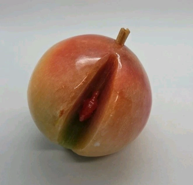 Italian Alabaster Peach Stone Fruit Wooden Stem Marbled Yellow Orange VTG MCM - Image 3 of 4