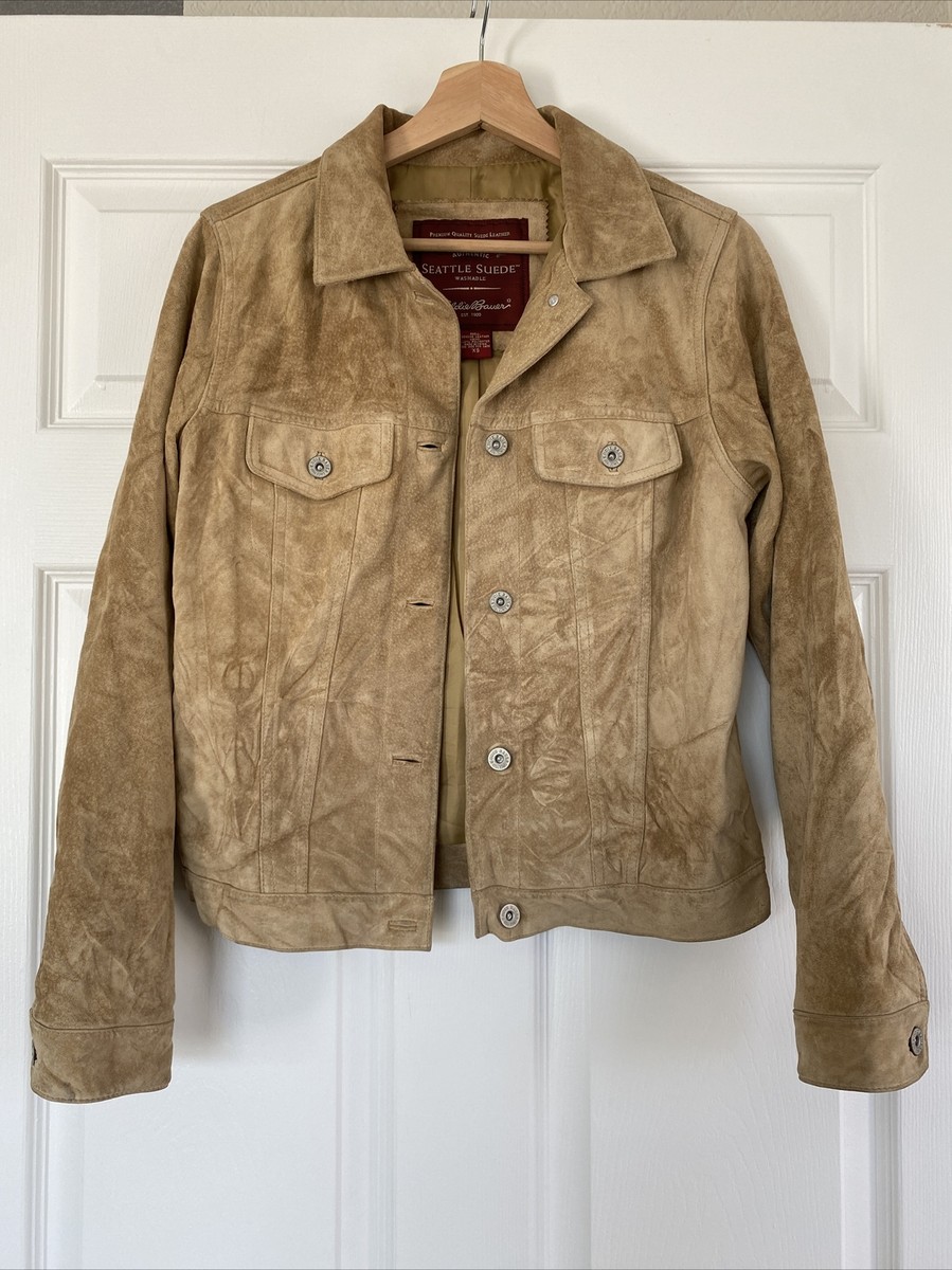 Eddie Bauer Seattle Suede Button Jacket Womens Large Beige Genuine