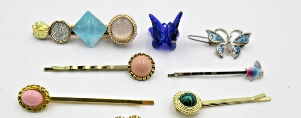 LOTE DE COLECCIÓN NIÑA DAMA PELO Barrette Garra Bobby Pin Rosa Azul Estrás Tono Dorado Foto 2 de 4