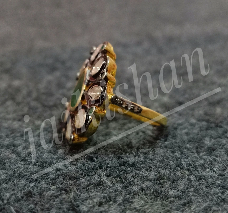 Vintage Smaragd Edelstein 925 Sterlingsilber Ring Polki Diamant Gorgeous Schmuck - Bild 2 von 3