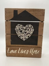 LOVE LIVES HERE SIGN Wood Plaque White Black 8”x6”x 1 3/4” Thread Art Wall Decor