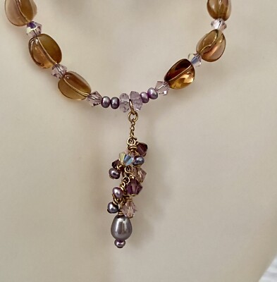 Gold Filled Purple Cultured Pearl And Glass Necklace Set Flower