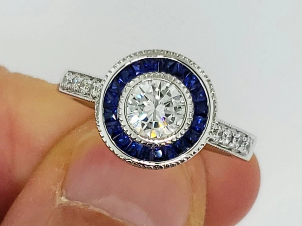 .54CT D VS2 GIA Art Deco Round Brilliant Diamond & Sapphire Halo 14k Ring Foto 3 de 4