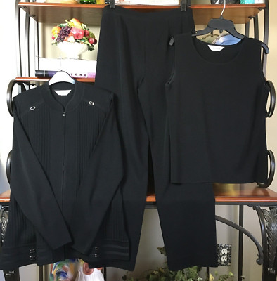 Exclusively Misook Black 3 pc Pant Suit Set Zip Front Jacket/Pull on Pant/Top