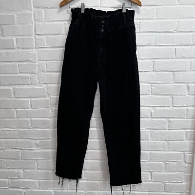 Zara Size High Rise Black Denim Paper Bag Mom Jeans Button Fly Raw Hem 