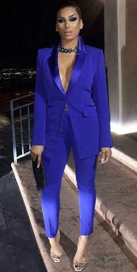 Women Wedding Tuxedos Royal Blue Pant Suits Notch Lapel 2 Pieces