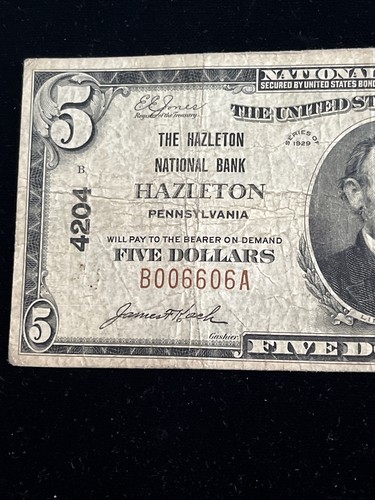 1929 $5 HAZLETON NATIONAL BANK HAZLETON PA NATIONAL CURRENCY Ch# 4204 - Picture 2 of 7