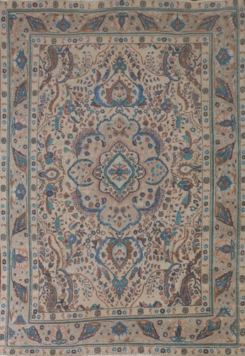 Traditional Vintage Muted Beige Handmade Wool Geometric Tebriz Area Rug 7x10