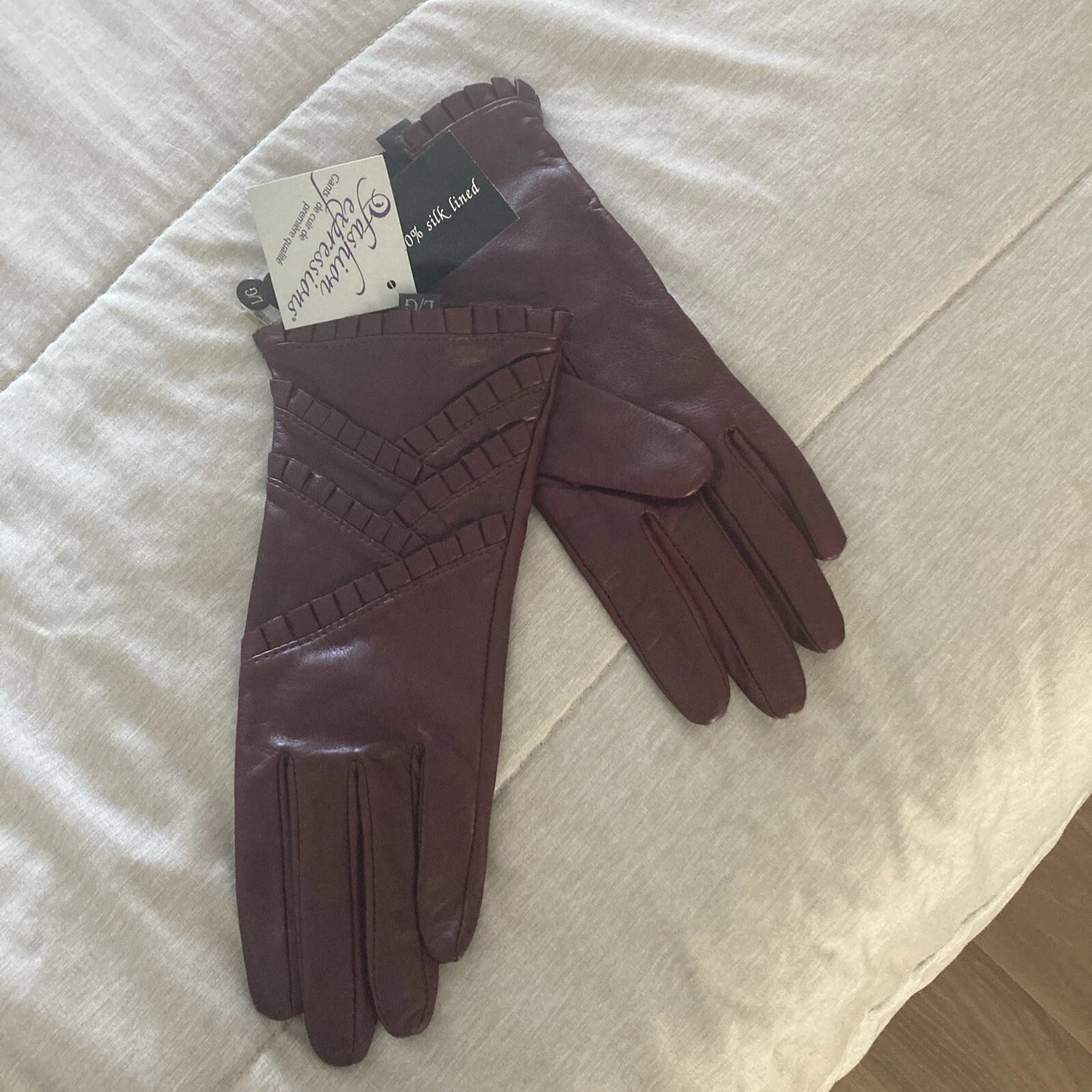 Vintage Women’s LEATHER GLOVES 100% Size LG 100% Silk Lined Burgundy NWT
