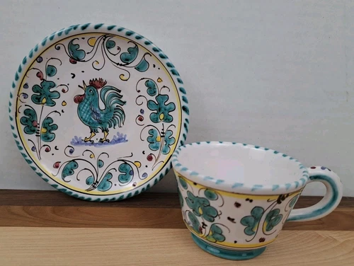 Vtg Deruta Italian Ceramic Espresso Cup/Saucer Handpainted "Orvieto Rooster" 2oz