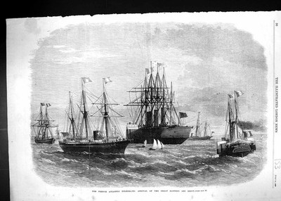 Alter Druck 1869 französischer Atlantik Telegraph Ankunft großes Ostschiff Brest 19.