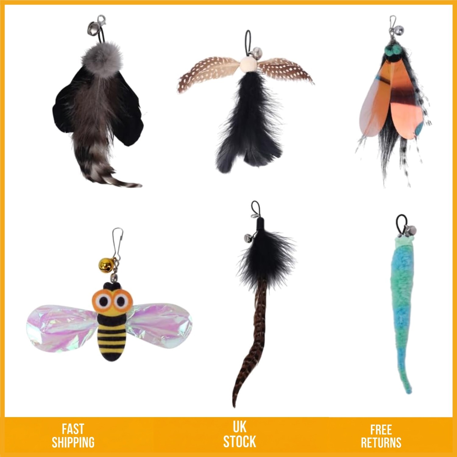 Vibrant Interactive Replacement Feather Teaser Toy Heads with Bells 6 Piece