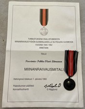WW2 Finnish Mine Clearance Medal (1944-1952) with Award Document - Pin Badge