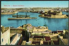 Warships anchored Grand Harbour Malta postcard 1910s