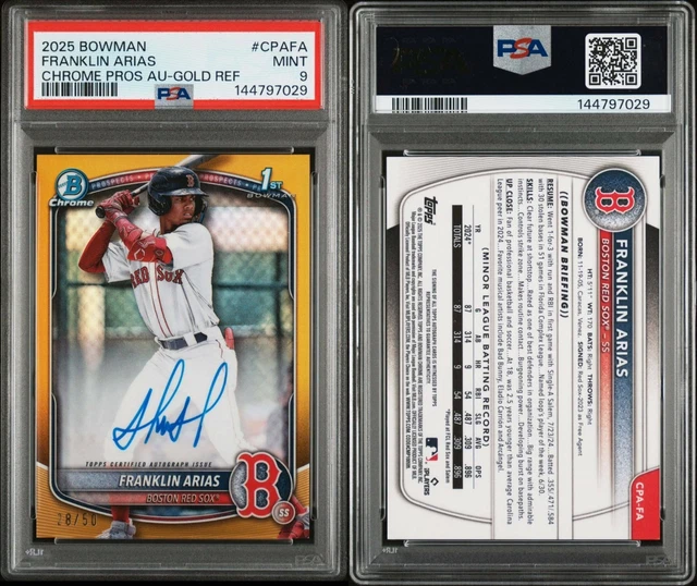 2025 Bowman Chrome Franklin Arias True Gold Refractor Auto Autograph /50 PSA 9