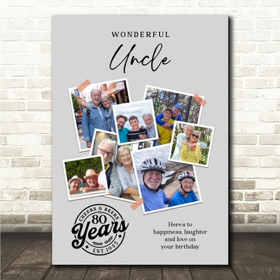 Fotocollage 80. Geburtstag individuelles Geschenk für Onkel 7-Foto grau Druck oder Leinwand
