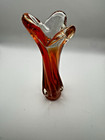 Vintage Mid-Century 9 1/4” Art Glass Swung Vase Shiny Glossy Orange Swirl