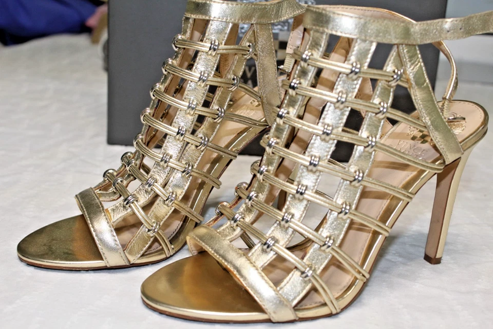 Vince Camuto Gladiator Gold Leather Strappy Sandals Heels  Size 37.5 7.5 w/Box ✨ - Image 3 of 4