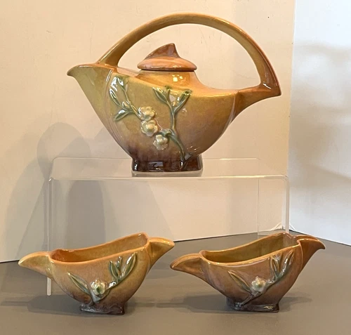 ROSEVILLE MID CENTURY MODERN WINCRAFT PRIMROSE TAN TEAPOT CREAMER SUGAR BOWL 271