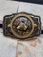 Vintage Equestrian Horse Head Belt Buckle Black Gold Tone Made In USA Western