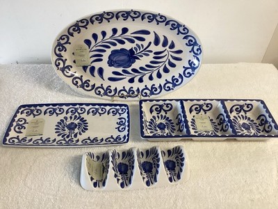 Lot/4 Artisan De Luxe Home MELAMINE Blue Rose Scroll Serving Trays, Platters