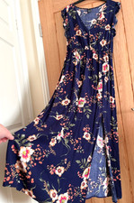 Shein Dark Blue Floral Print Long Midi Length Dress, Size XL, approx 14