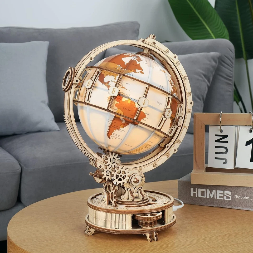 ROKR DIY 3D Wooden Puzzles LED Illuminated Globe Model Home Decor Teen Xmas Gift - Image 3 of 4
