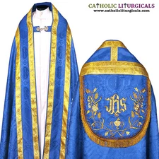 New Blue Cope & Stole Set with IHS embroidery,capa pluvial,chape,far fronte