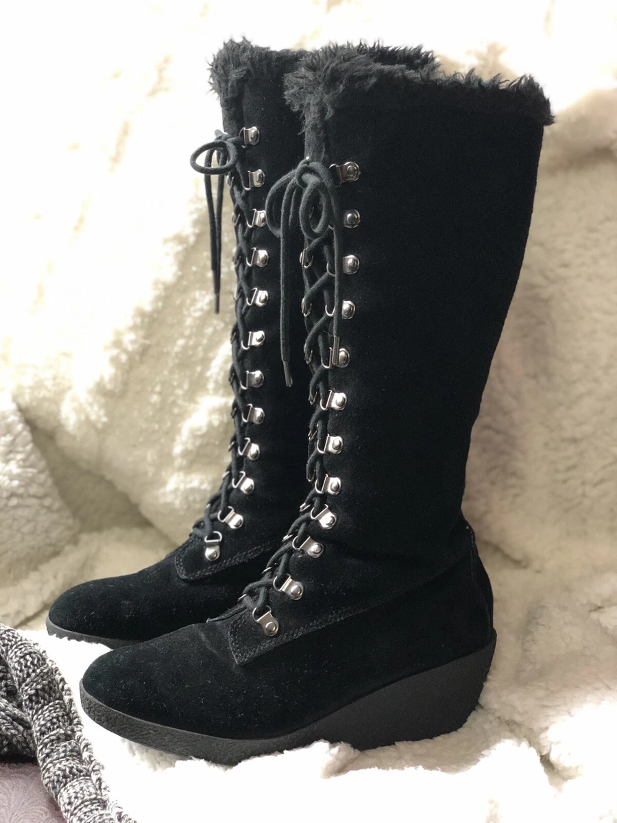 Womens tall black wedge cheap boots