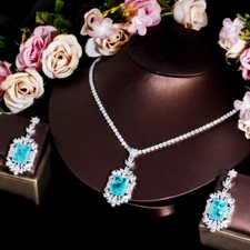 Blue CZ Dangle Drop Pageant Necklace and Earrings White Gold Plated Jewelry Set