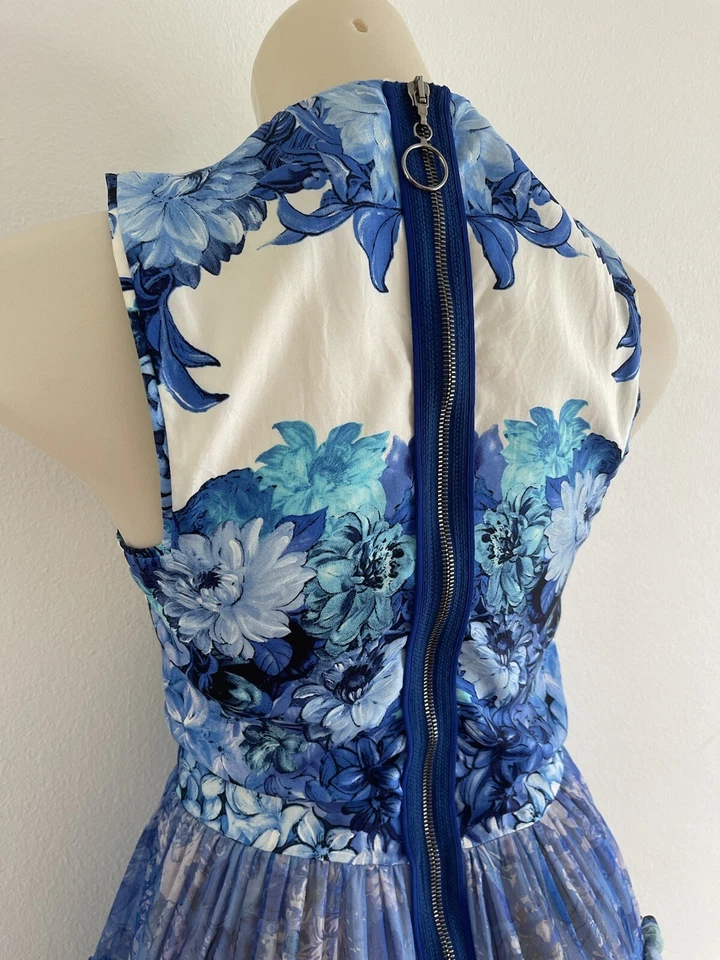 ROBERTO CAVALLI Vestido Azul Estampado Floral Seda Satén Gasa Volantes Cremallera Talla 38-XS Foto 3 de 4