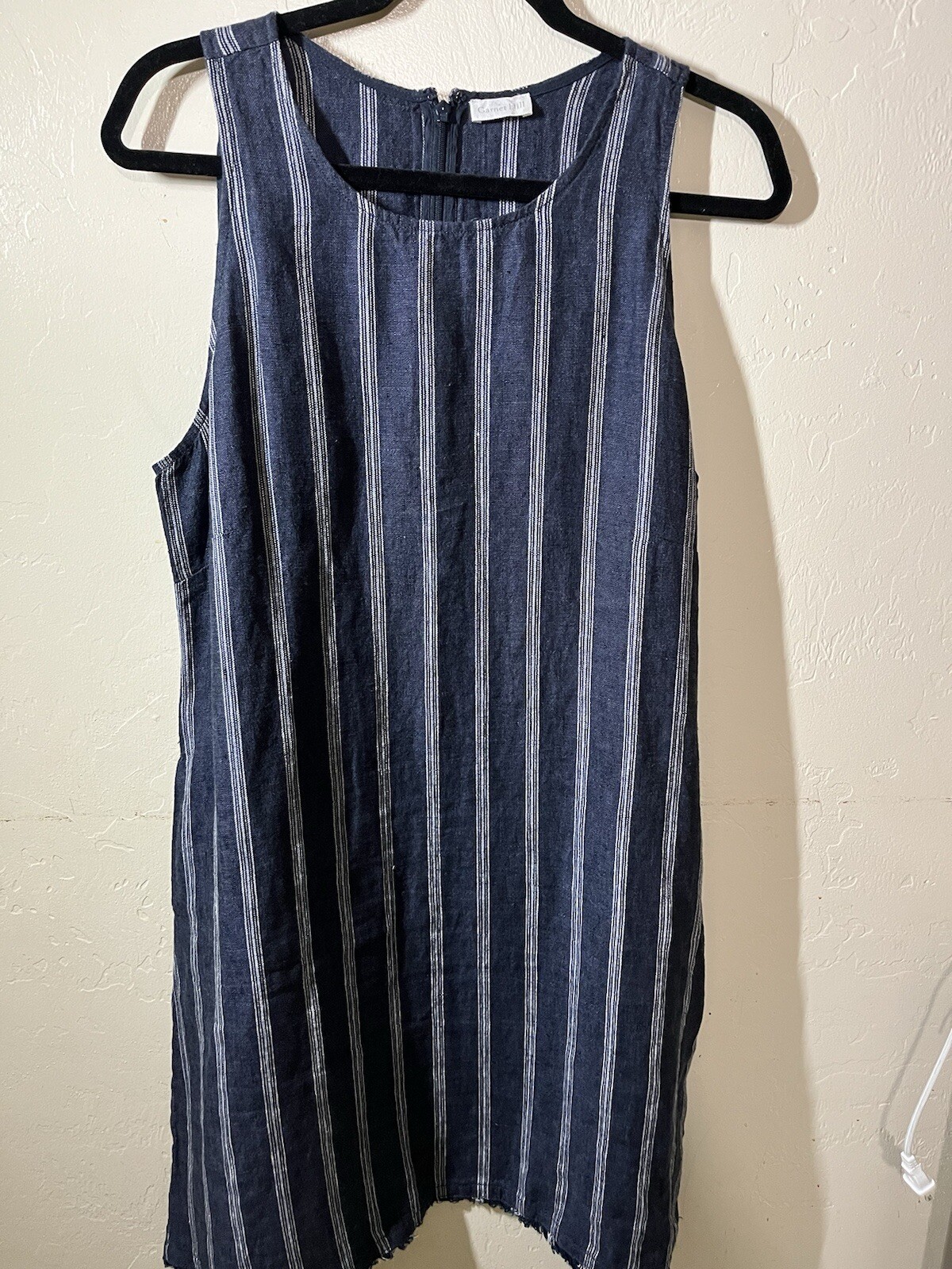 Garnet Hill 100% Linen Dress Navy Blue White Stripes pockets  Missing Size Tag