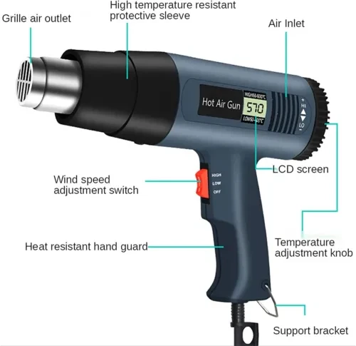 2000W Heat Gun Electric Hot Air Gun Dual Temperature LCD Display 4 Nozzles Tool - Picture 9 of 13