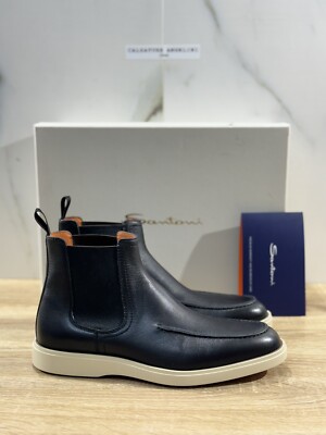 Santoni Stiefelette Herren Chelsea Stiefel Leder Schwarz Luxury Mann 39
